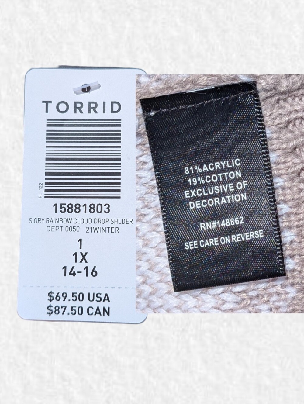 Torrid NEW Plus Size 1x: Cream Cloud Knit Sweater Rainbow Detail - Picture 5 of 7